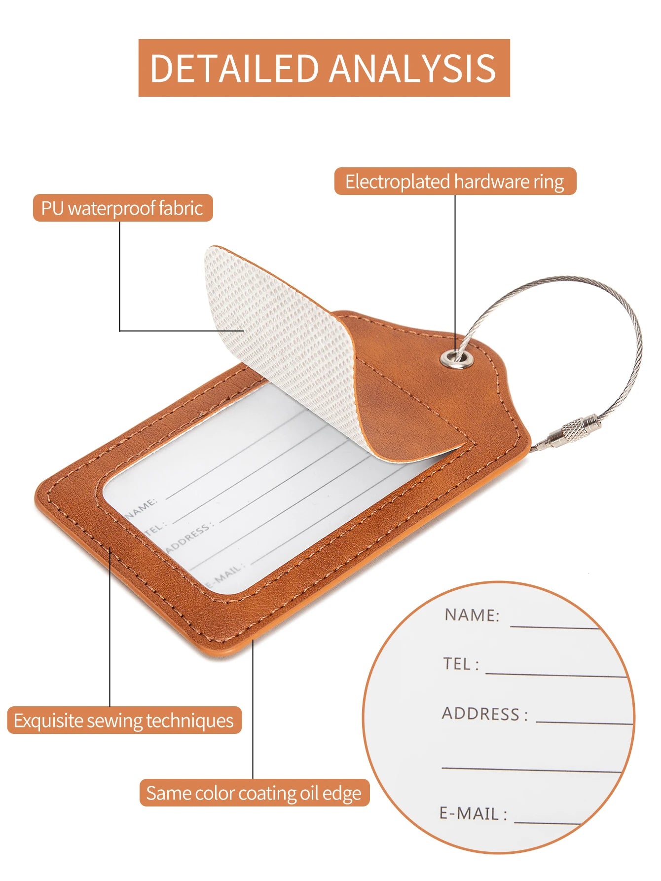 Etiquetas de Equipaje de Cuero PU Impermeables con Anillo de Acero Inoxidable