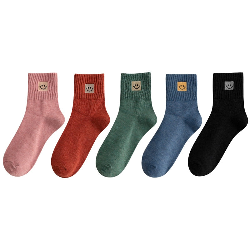😊 Calcetines de Algodón con Carita Feliz - Pack de 5 en 10 Colores 😊