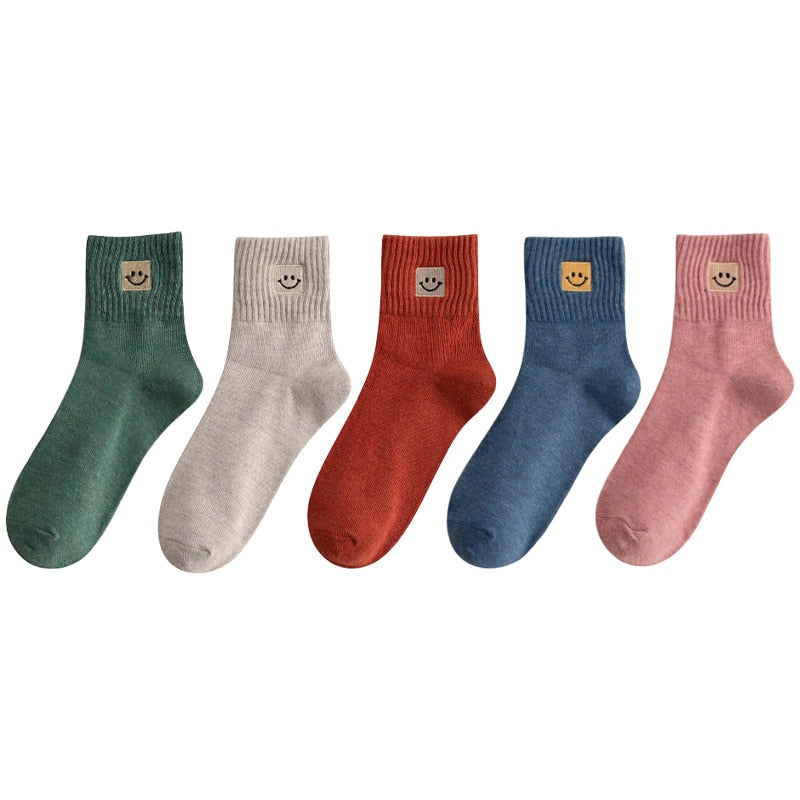 😊 Calcetines de Algodón con Carita Feliz - Pack de 5 en 10 Colores 😊