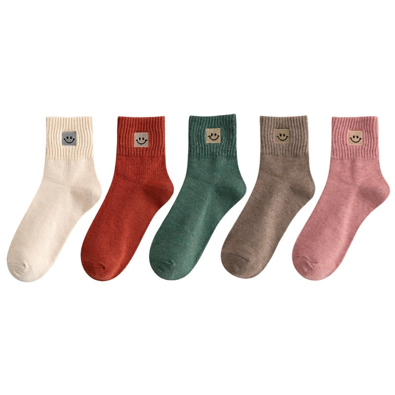 😊 Calcetines de Algodón con Carita Feliz - Pack de 5 en 10 Colores 😊