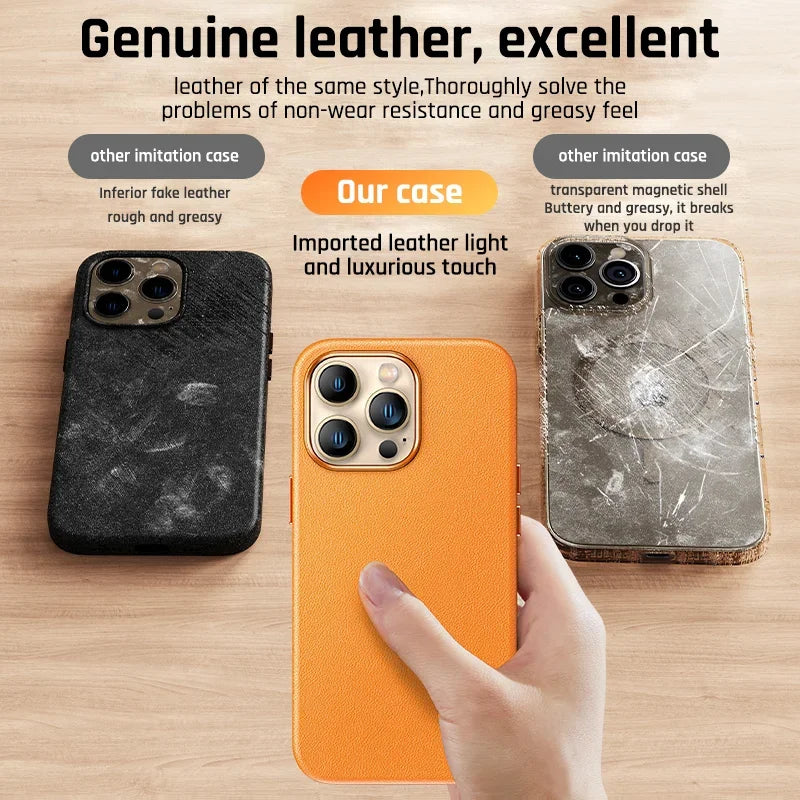 Funda de Cuero Genuino Compatible con MagSafe para iPhone 15 y 16